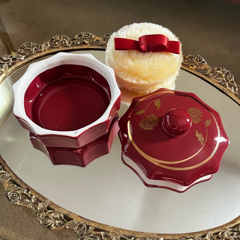 Besame Art Deco Ceramic Powder Holder with Puff